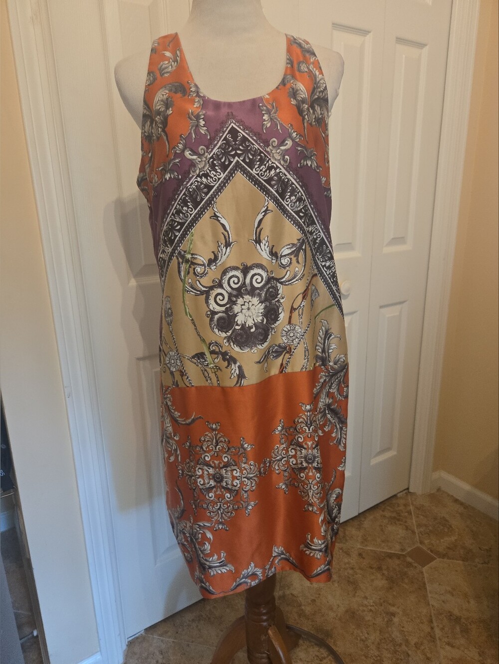 Gabby Skye Orange, Gold & Purple Sleeveless Scarf Patterned Midi Dress, Sz 8